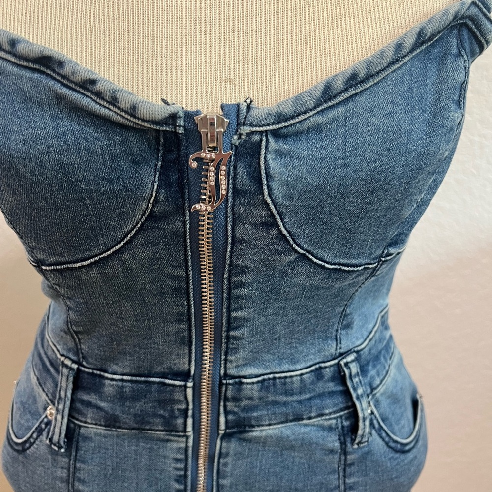 NWT Juicy Couture Denim Sweetheart Neckline mini Dress dark Wash size M NWT - Picture 4 of 13